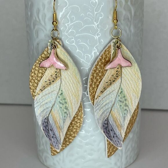 BOGO - FAUX LEATHER DANGLE EARRINGS WITH MERMAID TAIL EMBELLISHMENTS - Picture 2 of 3